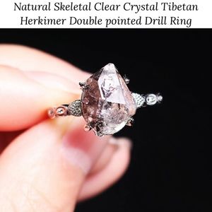 Natural Skeletal Crystal Tibetan Herkimer Double Pointed Drill Adjustable Ring